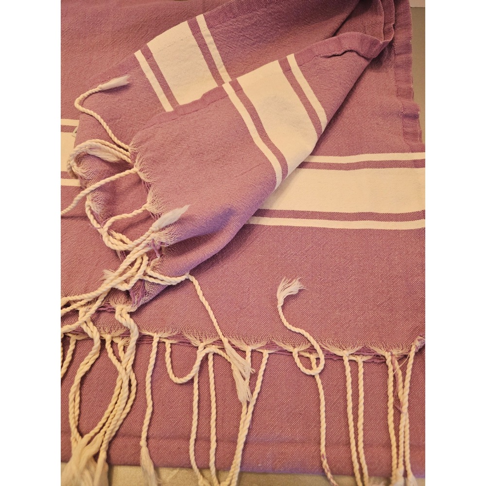 Purple White Stripe Turkish Cotton Fringed Beach Towel Fouta Peshtemal 70x36